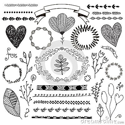 Vector hand drawn doodle romantic set. Linear illustration - flowers, wreaths, deviders, frames, leaves. Vector Illustration