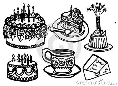 Vector hand drawn doodles birthday objects set, birthday cakes with candles and salutes, tea cup, Vector Illustration