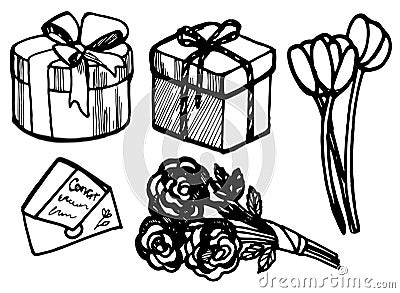 Vector hand drawn doodles birthday objects set, gift boxes, vector flowers, congrats letter Vector Illustration