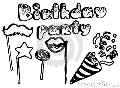 Vector hand drawn doodles birthday objects set, birthday pattern lettering, birthday decoration, Vector Illustration