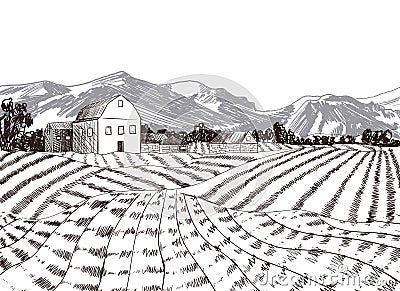 Vector Hand drawn Farm with Mountains Background, Freehand Drawing Illustration, Agriculture Concept. Vector Illustration