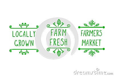 Vector Hand Drawn Farming Icons, Doodle Floral Frames and Handwritten Letters: Farmers Market, Locally Grown and Farm Fresh. Vector Illustration