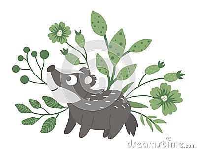 Vector hand drawn flat baby badger with leaves, twigs and flowers. Funny scene with woodland animal. Cute forest animalistic Vector Illustration