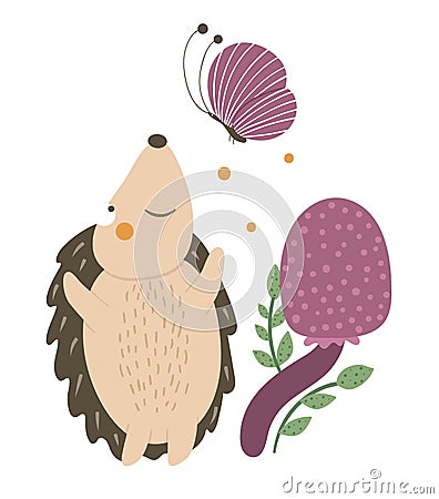 Vector hand drawn flat hedgehog catching a butterfly near purple mushroom. Vector Illustration