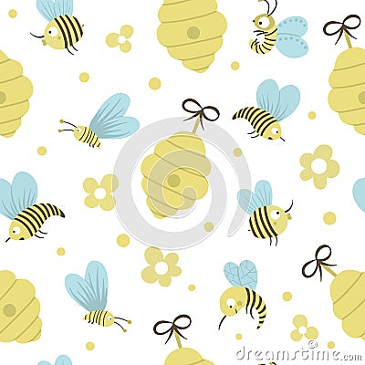 Vector hand drawn flat seamless pattern with beehive, bees, flowers. Cute funny childish repeating background on honey production Vector Illustration