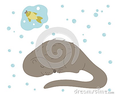 Vector hand drawn flat sleeping otter dreaming of fish. Funny woodland animal. Cute forest animalistic illustration for children Vector Illustration