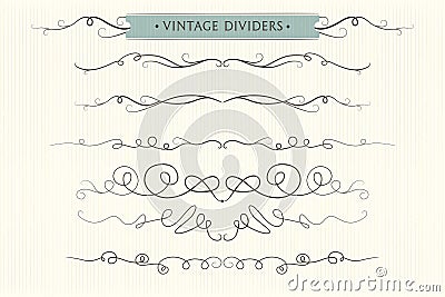 Vector hand drawn flourishes, dividers, graphic lovely design element set. Cute vintage borders. Wedding invitation cards, page d Vector Illustration