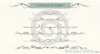 Vector hand drawn flourishes, dividers, graphic lovely design element set. Cute vintage borders. Wedding invitation cards, page d Vector Illustration