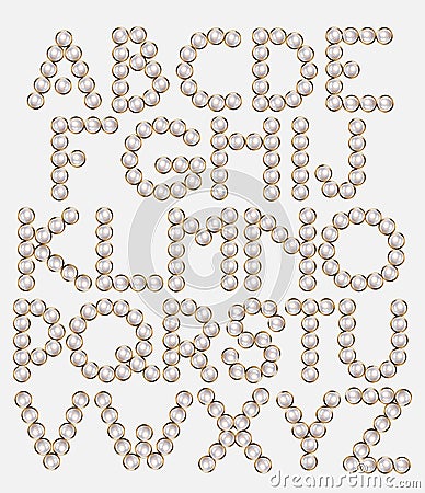 Vector hand drawn font of pearls with golden frame made in realistic style. Vector Illustration