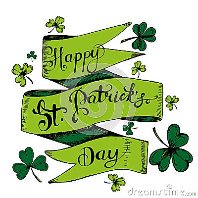 Vector hand drawn gdreeting card with clovers, shamrocks. Vector Illustration