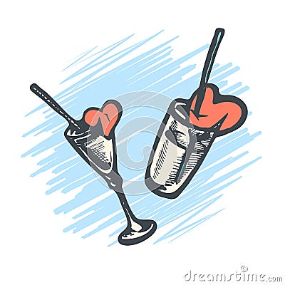 2 Vector hand drawn glasses with cocktail straw and a broken heart. Vector Illustration