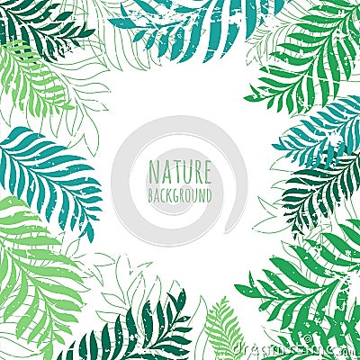 Vector hand drawn green palm tree leaves, grunge background. Vector Illustration