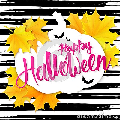 Vector hand drawn halloween lettering greetings text - happy halloween - with leaves and paper bat on watercolor striped Vector Illustration