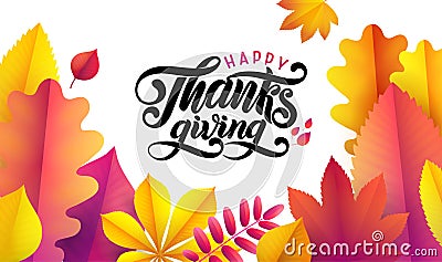Vector Hand drawn Happy Thanksgiving, fallen leaves frame on white background. Festive vintage style autumn calligraphy. Stock Photo