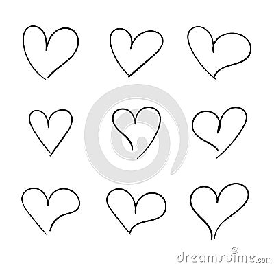Vector Hand Drawn Hearts Set, Doodle Drawings Love Symbols, Isolated on White Background Illustration. Vector Illustration