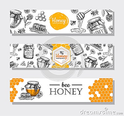 Vector hand drawn honey banners. Detailed honey engraved illust Vector Illustration