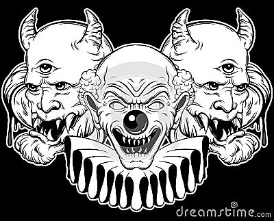 Vector hand drawn illustration of angry clown and daemon. Vector Illustration