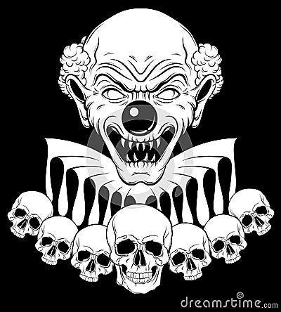 Vector hand drawn illustration of angry clown with human skulls. Vector Illustration