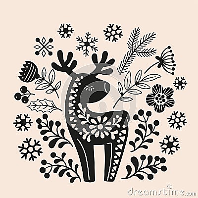 Vector hand drawn illustration of animals in Nordic style hygge. Silhouette of a deer in a floral pattern in a folk Vector Illustration