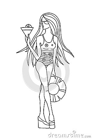 Vector hand drawn illustration of beautiful thin girl in swimmsuit, with cocktail, hat, long hair. Colorless woman. Black and whit Vector Illustration