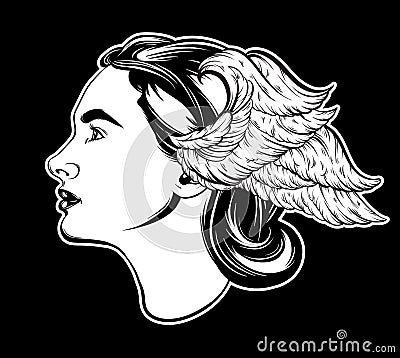 Vector hand drawn illustration of beautiful woman with wing Vector Illustration