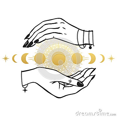 Women`s hands holding Moon. Vector Illustration