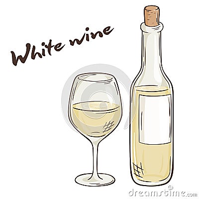 Vector hand drawn illustration of bottle and glass of white wine Vector Illustration