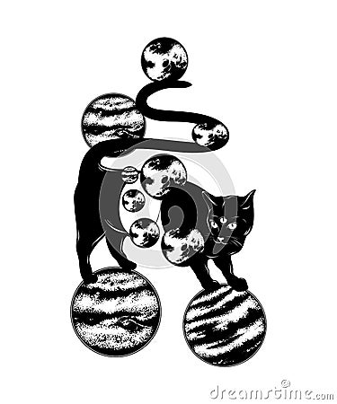 Vector hand drawn illustration of cat with three eyes and planets isolated. Vector Illustration