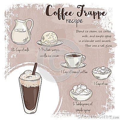 Vector hand drawn illustration of coffee frappe recipe with list of ingredients Vector Illustration