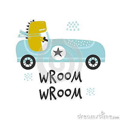 Vector hand-drawn illustration of a cute funny dinosaur rides in a retro racing car and text. Wroom wroom lettering Vector Illustration