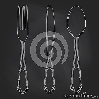 Vector hand drawn illustration with cutlery set. Sketch. Vintage Vector Illustration