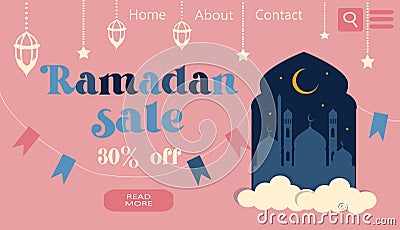 Vector hand drawn illustration - discount banner for ramadan. Image of a mosque, lanterns, stars Vector Illustration