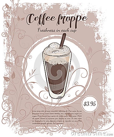 Vector hand drawn illustration of drinks menu pages with cup of coffee frappe Vector Illustration