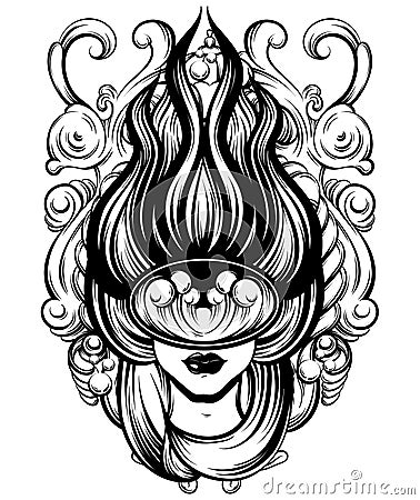 Vector hand drawn illustration of female diver with baroque frame. Vector Illustration