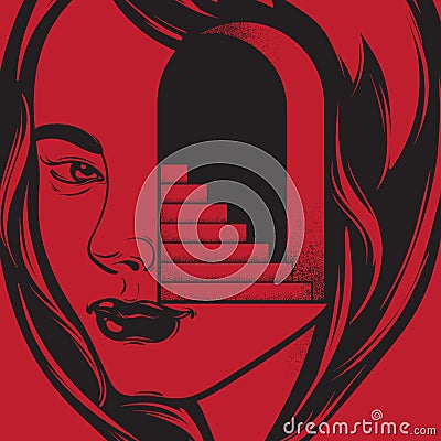 Vector hand drawn illustration of female head with door and stairway. Vector Illustration