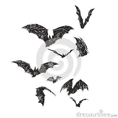 Vector hand drawn illustration with flock of bats isolated on white. Halloween symbol. Sketch for design of All Saints Day Vector Illustration