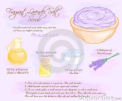 Vector hand drawn illustration of fragrant lavender salt scrub recipe Vector Illustration
