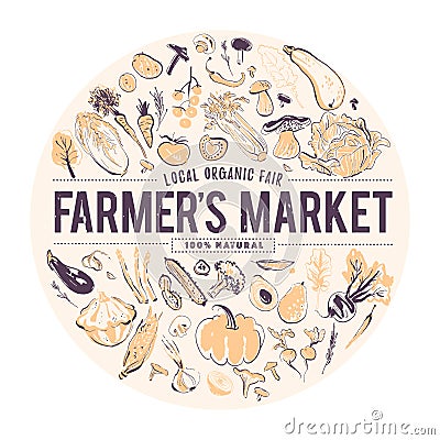 Vector hand drawn illustration of fresh raw vegetables. Sketch style. Banner for food fair & farmers market. Vector Illustration