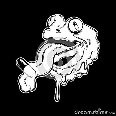Vector hand drawn illustration of frog with tongue and pill. Tattoo artwork. Vector Illustration