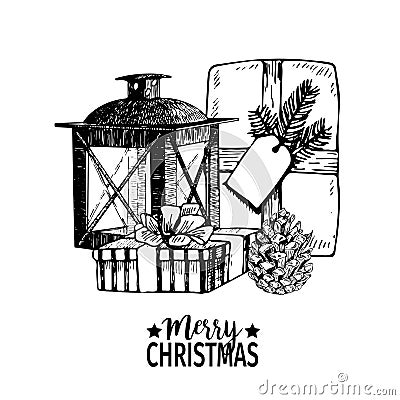 Vector hand drawn illustration of gift packages, cone and lantern. Christmas engraved art decoration. Vector Illustration