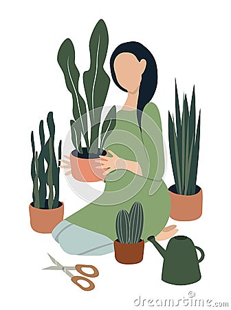 Vector hand drawn illustration - a girl plants home plants Vector Illustration