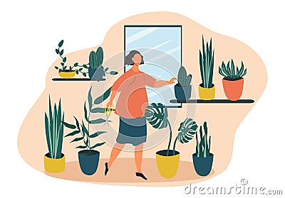 Vector hand drawn illustration - a girl plants home plants Vector Illustration