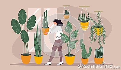 Vector hand drawn illustration - a girl plants home plants Vector Illustration