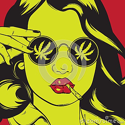 Vector hand drawn illustration of girl with roll-up and marijuana leaf on sunglasses. Vector Illustration