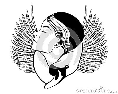 Vector hand drawn illustration of girl with swan . Vector Illustration
