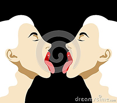 Vector hand drawn illustration of girls with open mouth and tongue . Vector Illustration