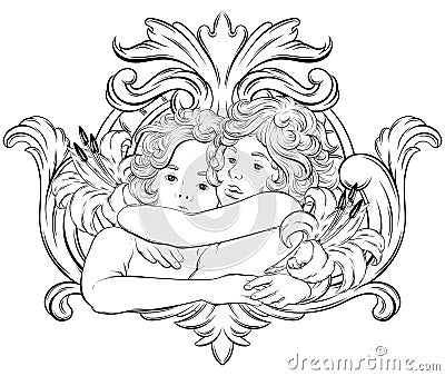 Vector hand drawn illustration of hugging cupids with wings and rococo frame . Vector Illustration