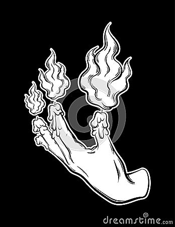 Vector hand drawn illustration of human hand with fire and melting fingers. Vector Illustration
