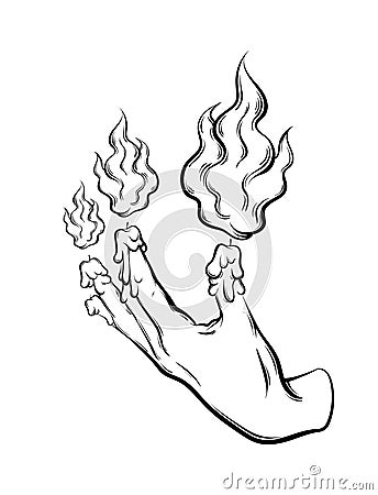 Vector hand drawn illustration of human hand with fire and melting fingers. Vector Illustration