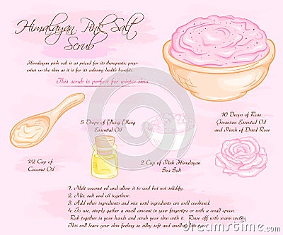 Vector hand drawn illustration of hymalayan pink rose salt scrub recipe Vector Illustration